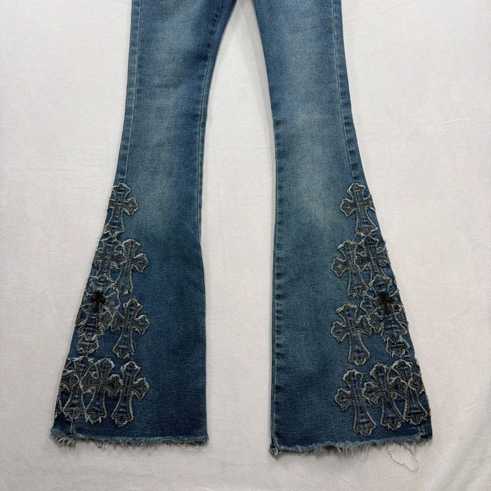 Bamboo Jeans Flare Pants Gothic Cross Appliqué Blue Denim Womens Size 00